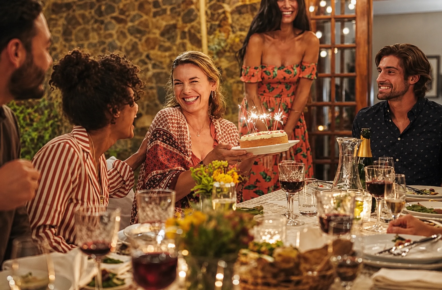 Convives réunis autour d'une table, célébrant un anniversaire avec un gâteau aux bougies scintillantes.
