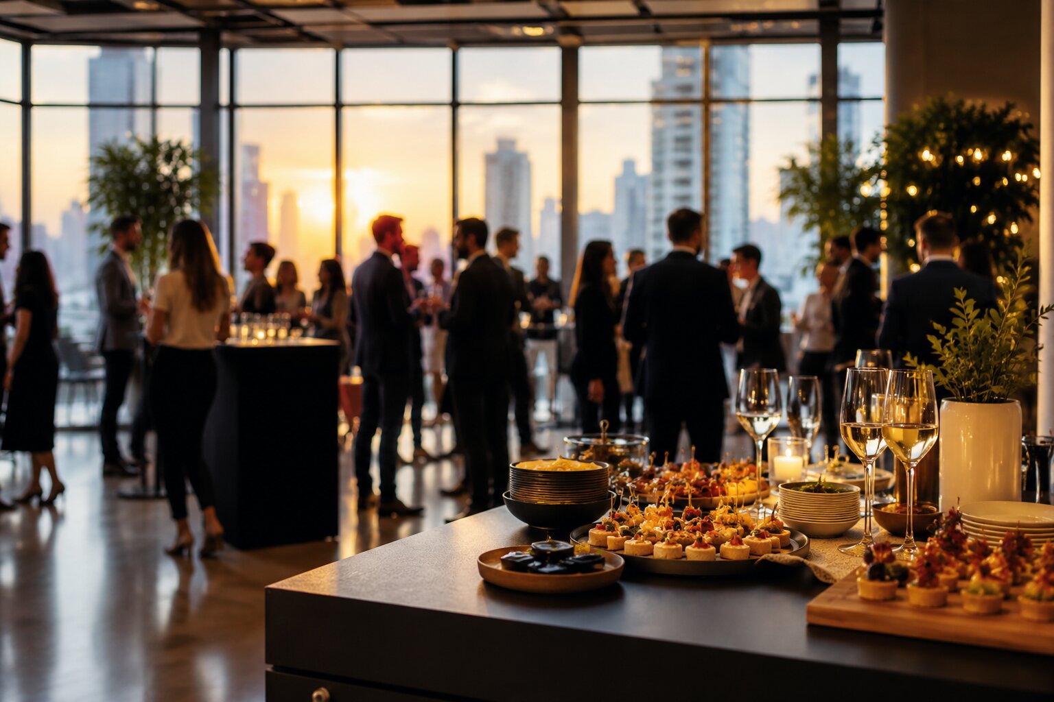 Cocktail d'entreprise en rooftop au coucher du soleil, invités en tenue business autour d'un buffet de canapés face à la skyline.